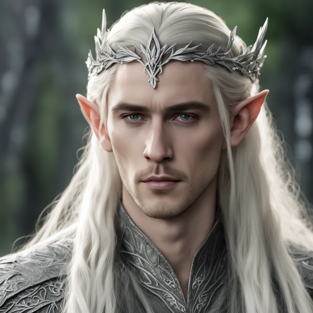 aiking thranduil with blond hair and braids wearing silver holly leaf and diamond berry silver sindarin elvish circlet with large center diamond  amazing awesome portrait 2