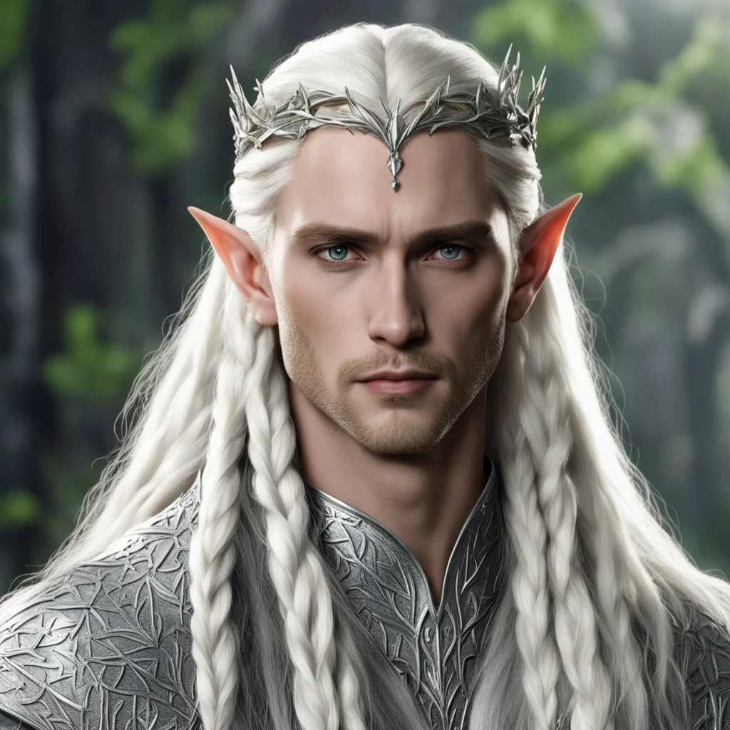 aiking thranduil with blond hair and braids wearing silver holly leaf and diamond berry silver sindarin elvish circlet with large center diamond  good looking trending fantastic 1