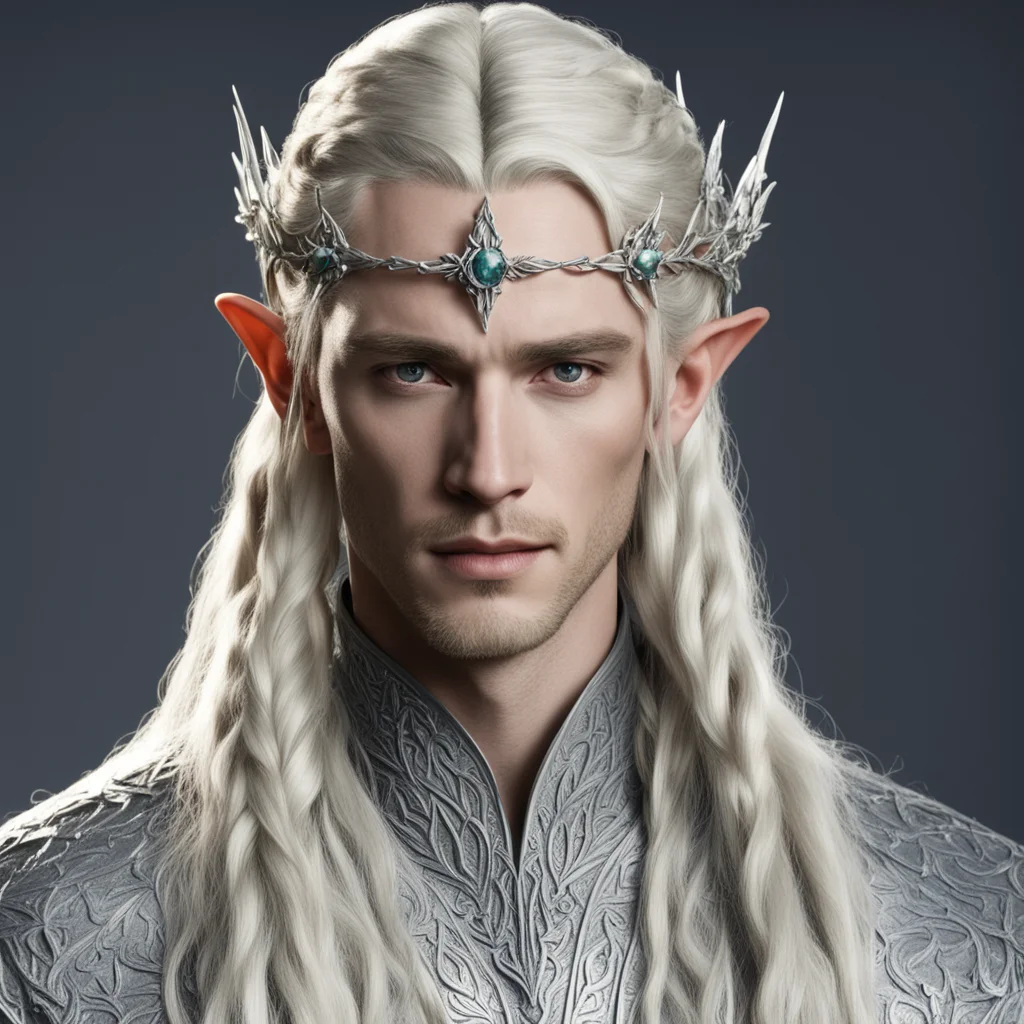 aiking thranduil with blond hair and braids wearing silver holly leaf and diamond berry silver sindarin elvish circlet with large center diamond 