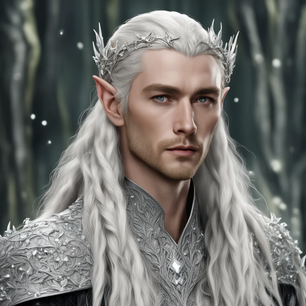 aiking thranduil with blond hair and braids wearing silver holly leaf and large clusters of diamonds to make silver elvish circlet with large center diamond amazing awesome portrait 2