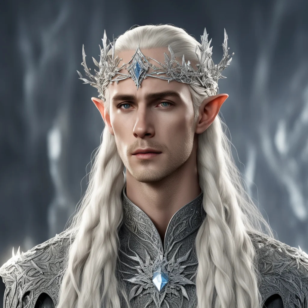 aiking thranduil with blond hair and braids wearing silver holly leaf and large clusters of diamonds to make silver elvish circlet with large center diamond good looking trending fantastic 1