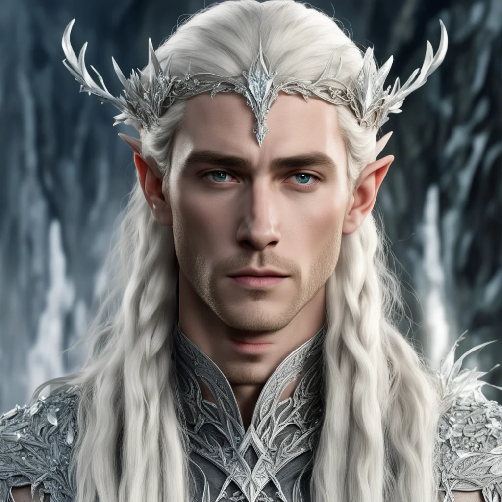 aiking thranduil with blond hair and braids wearing silver holly leaf and large clusters of diamonds to make silver elvish circlet with large center diamond