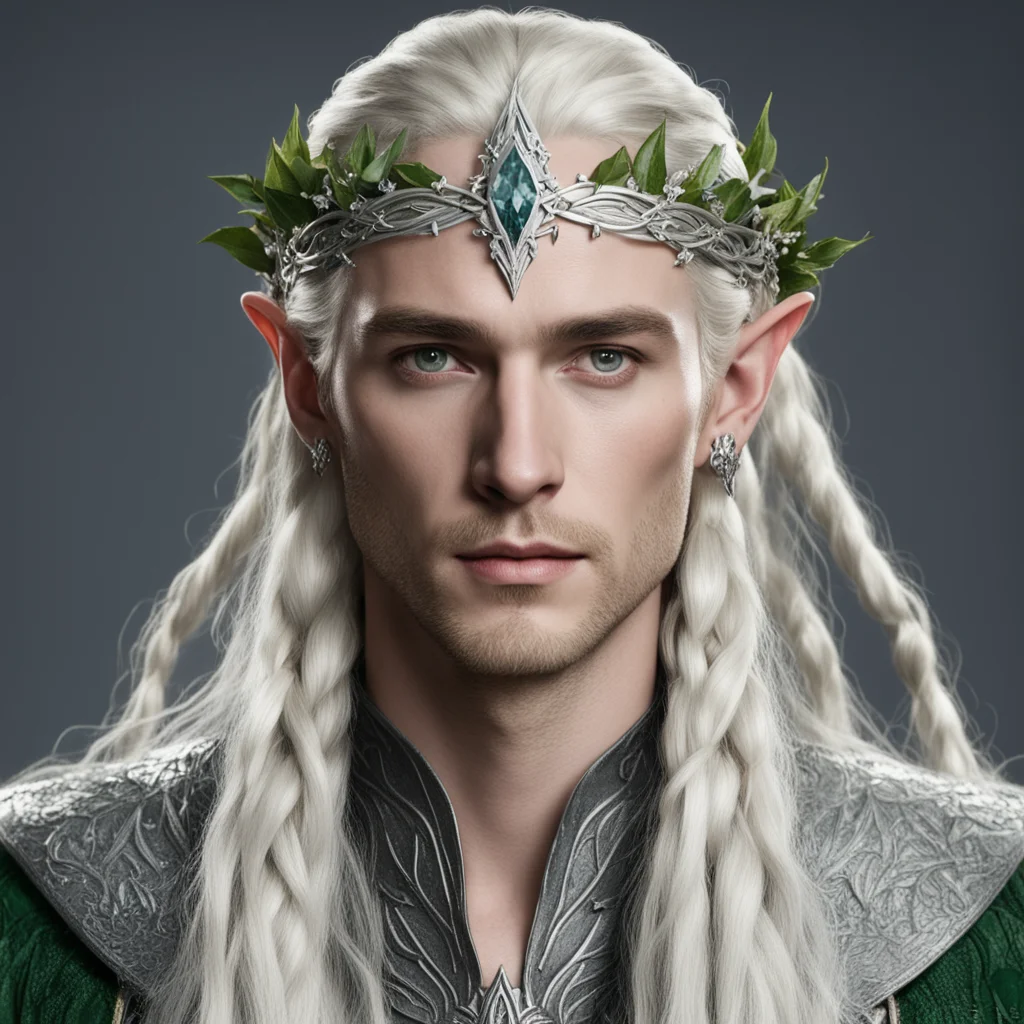 king thranduil with blond hair and braids wearing silver holly leaf and large diamond berry elvish circlet with large center diamond amazing awesome portrait 2