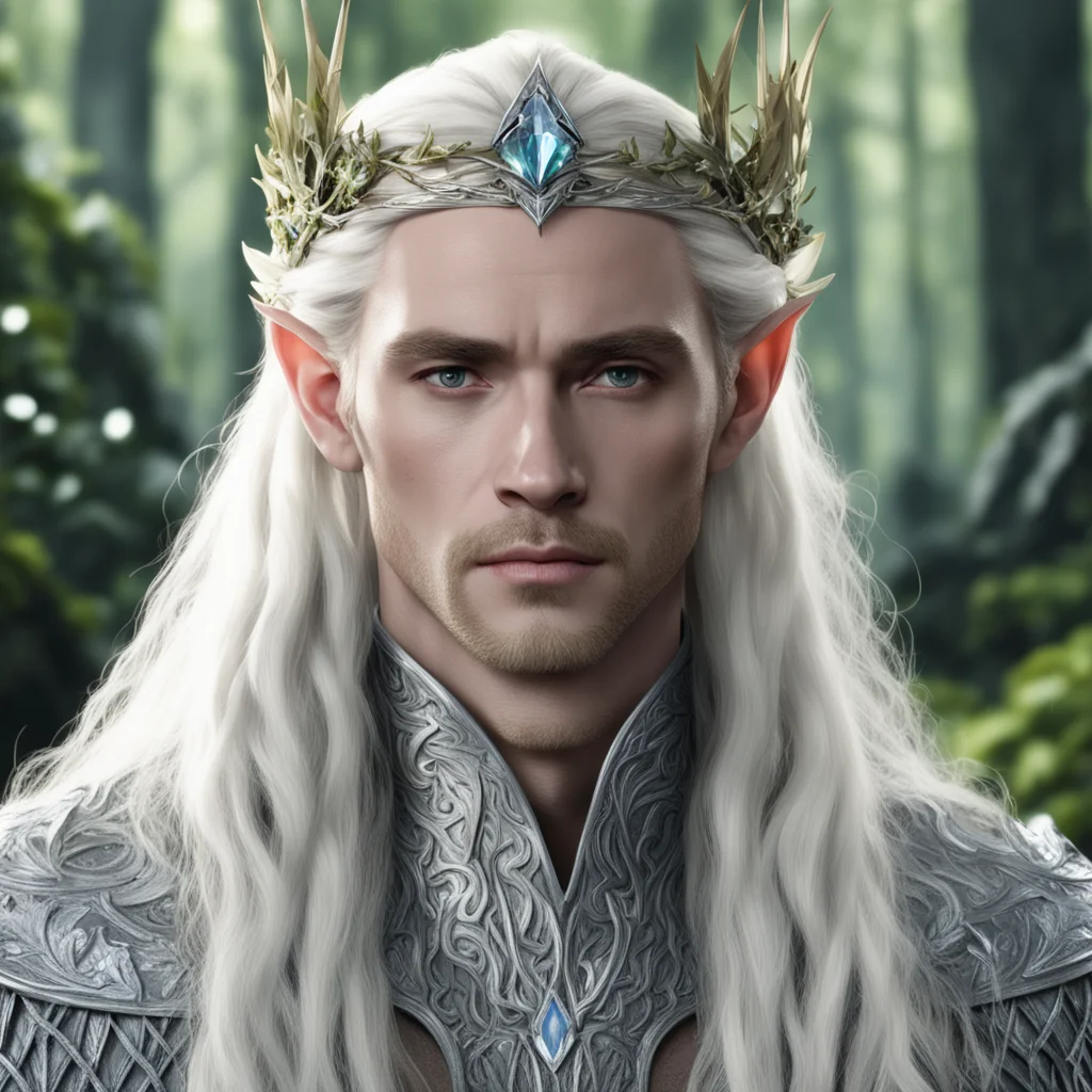 aiking thranduil with blond hair and braids wearing silver holly leaf and large diamond berry elvish circlet with large center diamond confident engaging wow artstation art 3