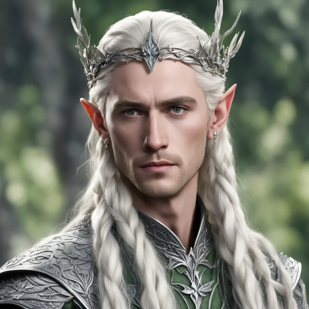 king thranduil with blond hair and braids wearing silver holly leaf and large diamond berry elvish circlet with large center diamond good looking trending fantastic 1
