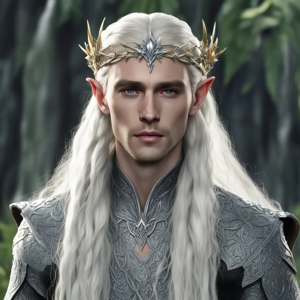aiking thranduil with blond hair and braids wearing silver holly leaf and large diamond berry elvish circlet with large center diamond