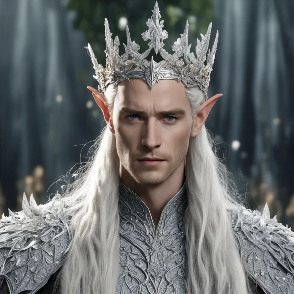 king thranduil with blond hair and braids wearing silver holly leaf encrusted with diamonds and clusters of berries made of diamonds forming a small silver elvish coronet with large center diamond a