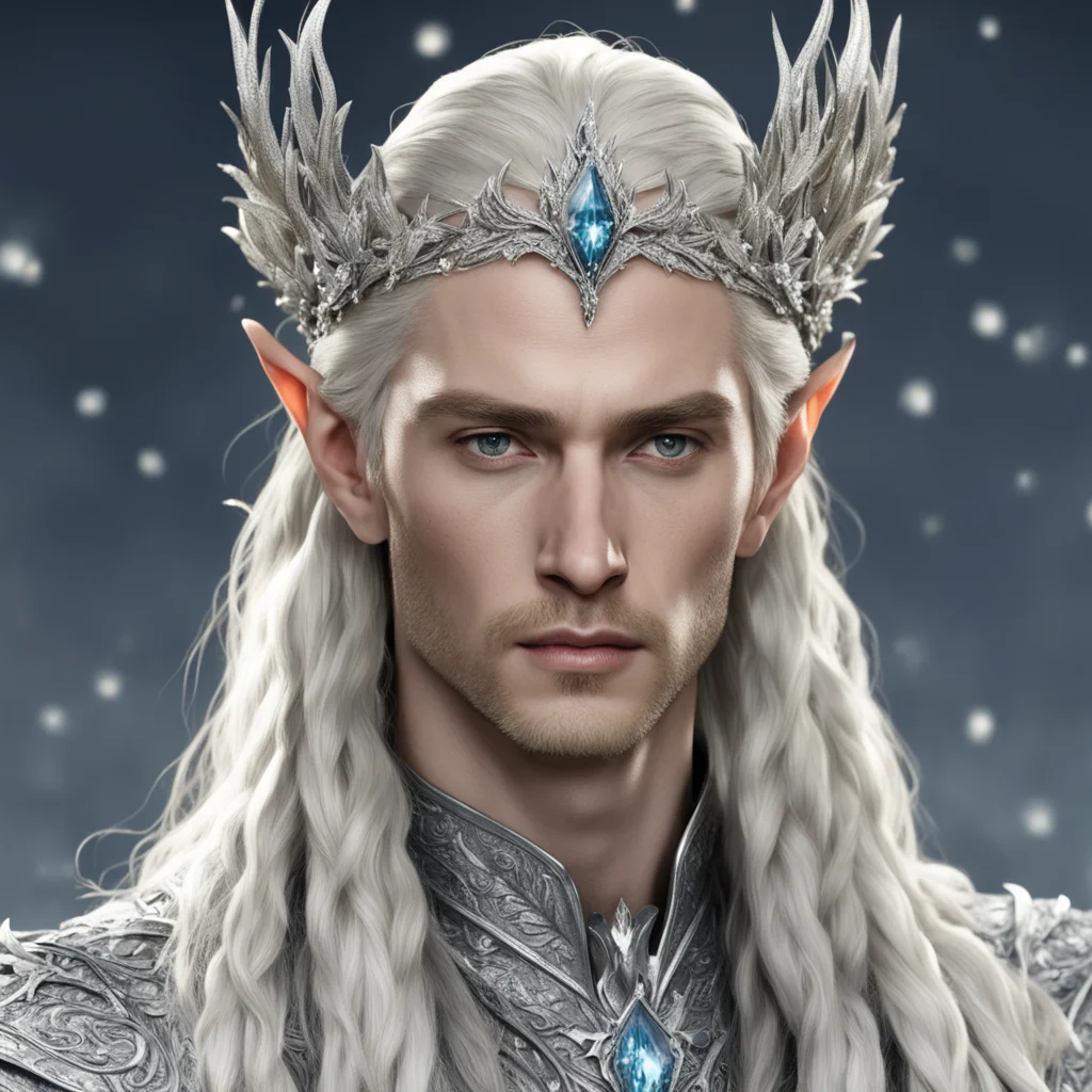 king thranduil with blond hair and braids wearing silver holly leaf encrusted with diamonds and clusters of berries made of diamonds forming a small silver elvish coronet with large center diamond.w