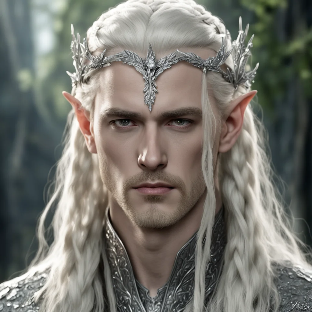 aiking thranduil with blond hair and braids wearing silver holly leaf with clusters of large diamonds forming silver elvish hair forks amazing awesome portrait 2