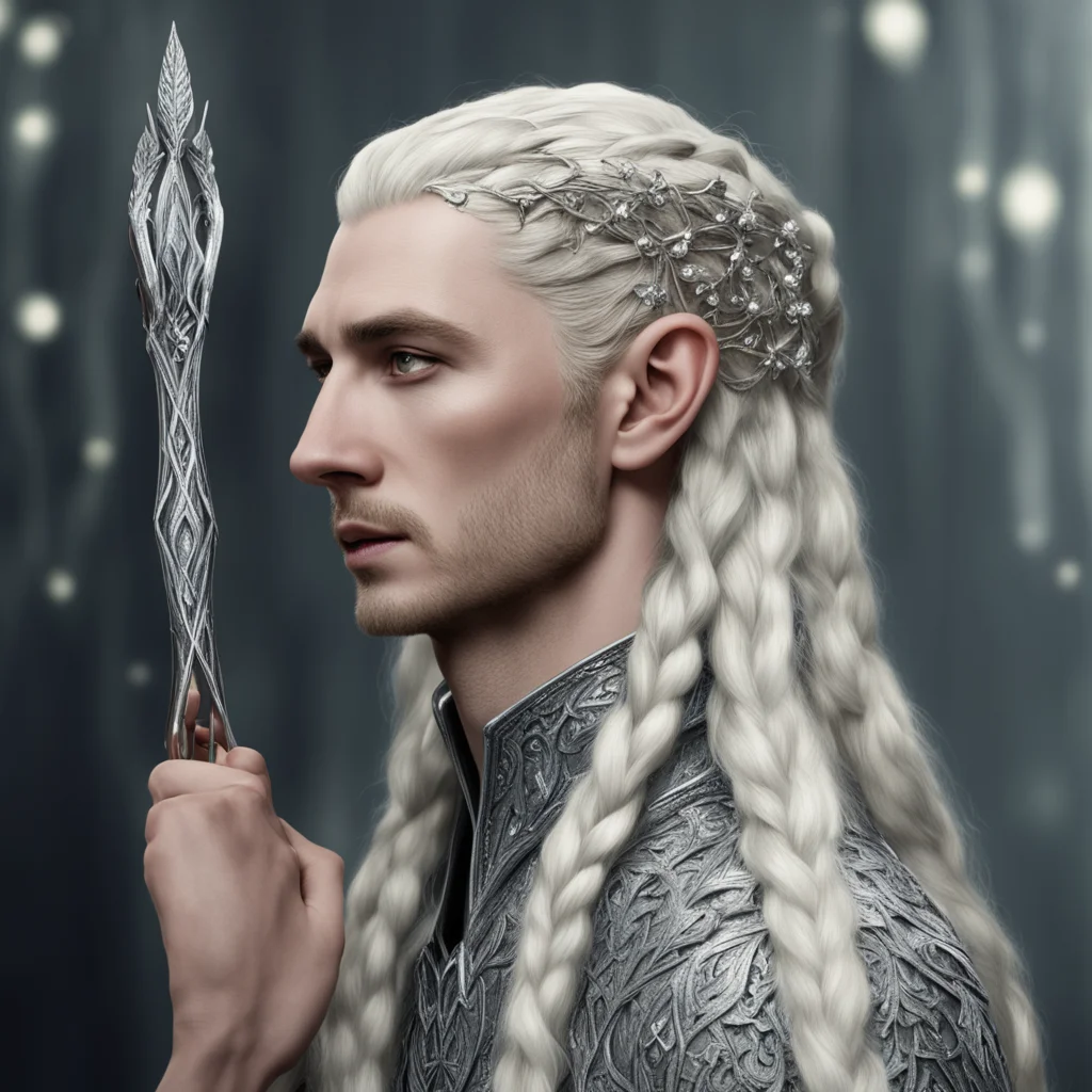 king thranduil with blond hair and braids wearing silver holly leaf with clusters of large diamonds forming silver elvish hair forks confident engaging wow artstation art 3