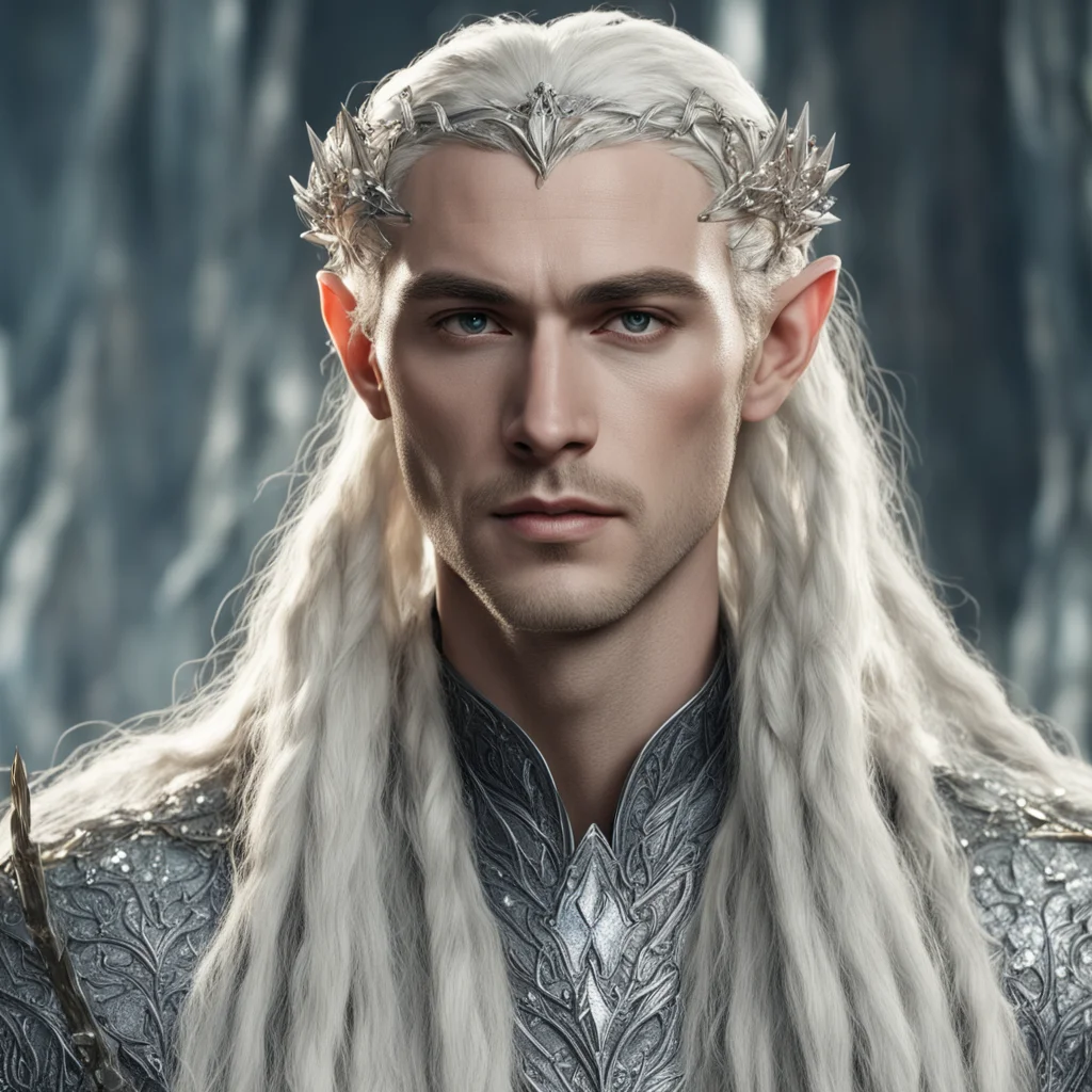 aiking thranduil with blond hair and braids wearing silver holly leaf with clusters of large diamonds forming silver elvish hair forks good looking trending fantastic 1