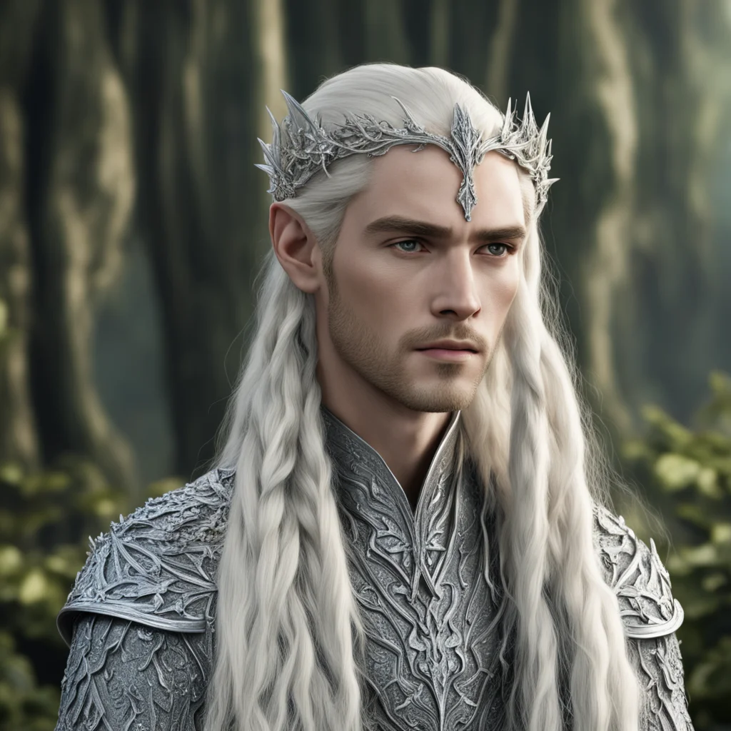 aiking thranduil with blond hair and braids wearing silver holly leaf with clusters of large diamonds forming silver elvish hair forks