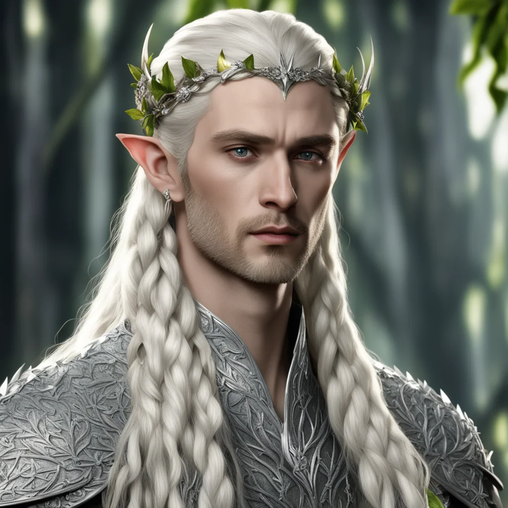 aiking thranduil with blond hair and braids wearing silver holly leaf with large berries of diamonds with center diamond amazing awesome portrait 2