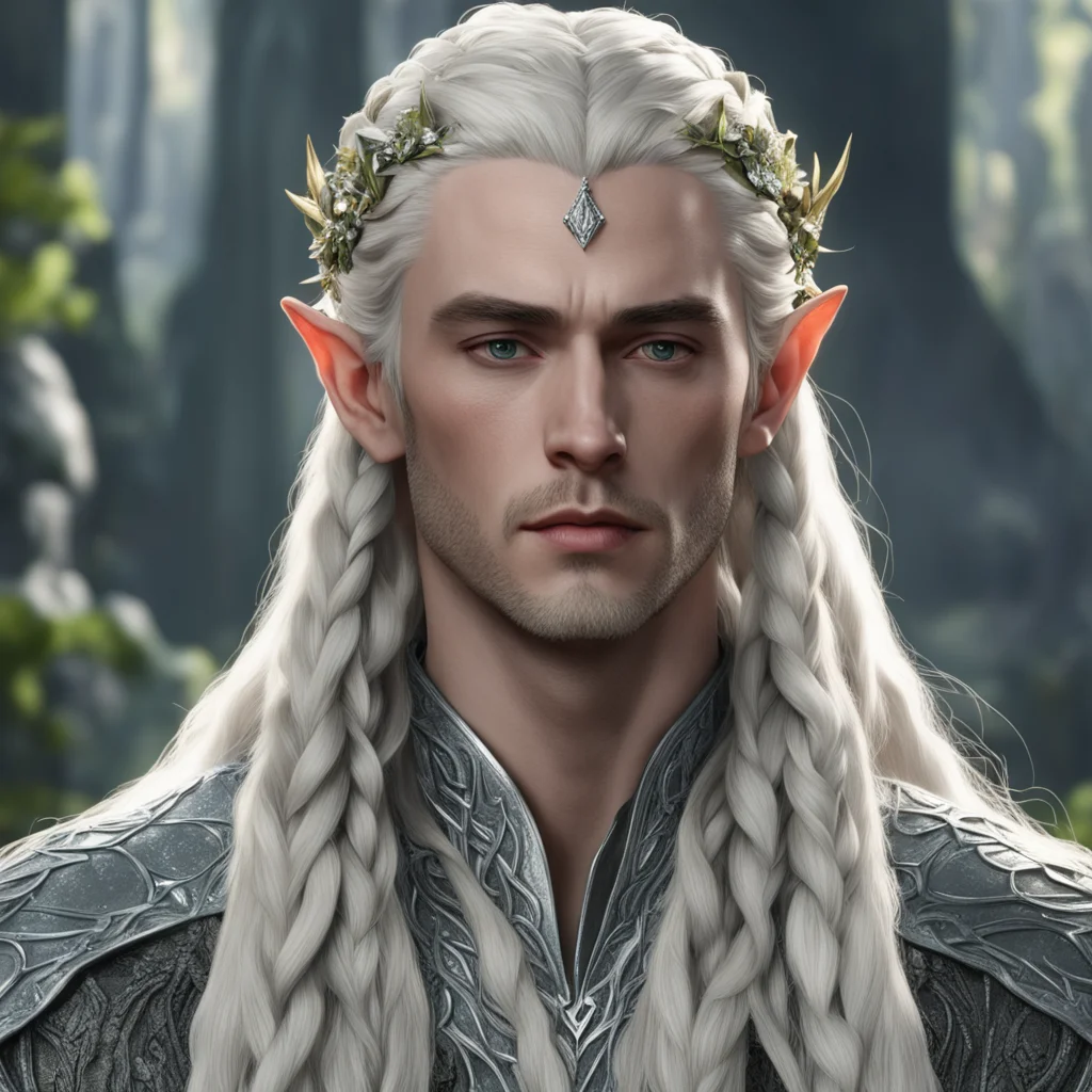 aiking thranduil with blond hair and braids wearing silver holly leaf with large berries of diamonds with center diamond confident engaging wow artstation art 3