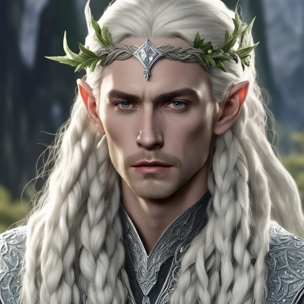 king thranduil with blond hair and braids wearing silver holly leaf with large berries of diamonds with center diamond