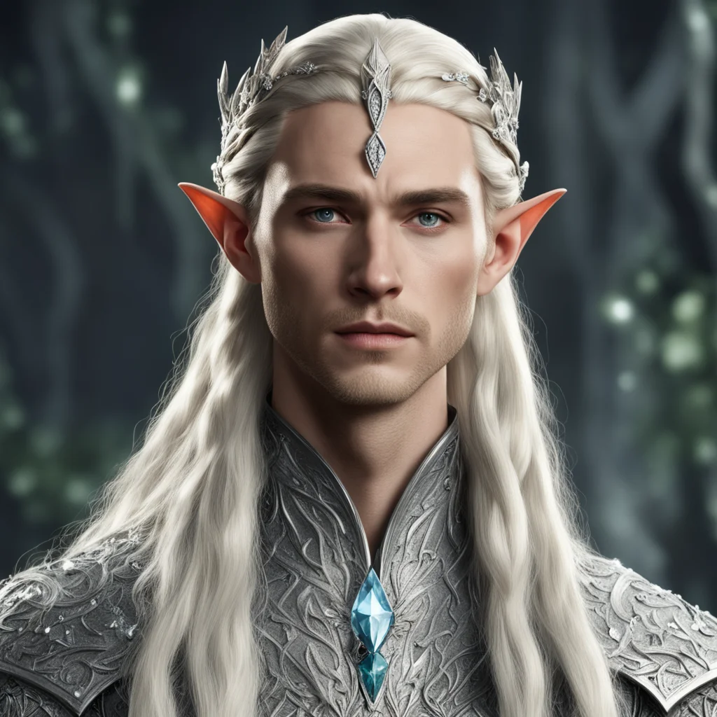 aiking thranduil with blond hair and braids wearing silver holly leaf with large diamonds elvish circlet with center diamond amazing awesome portrait 2