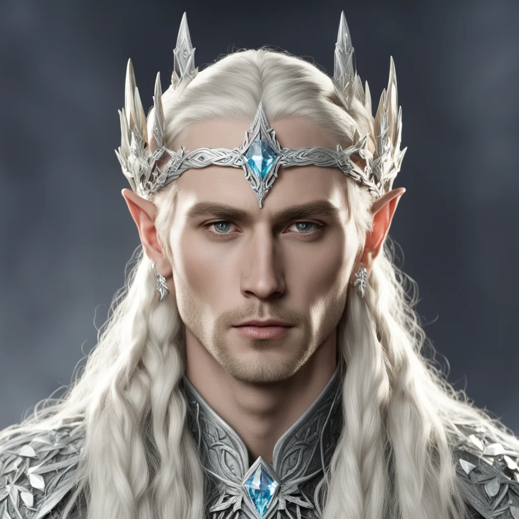 aiking thranduil with blond hair and braids wearing silver holly leaf with large diamonds elvish circlet with center diamond good looking trending fantastic 1