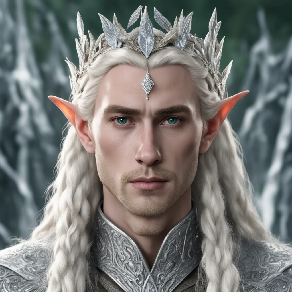 king thranduil with blond hair and braids wearing silver holly leaf with large diamonds elvish circlet with center diamond
