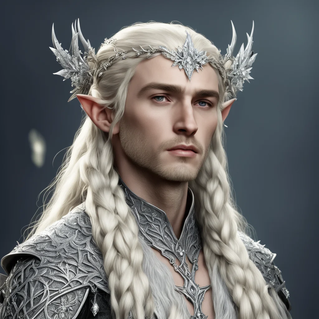 king thranduil with blond hair and braids wearing silver holly leaves encrusted with diamonds and large round diamond clusters to form a small silver elvish circlet with large center diamond good lo