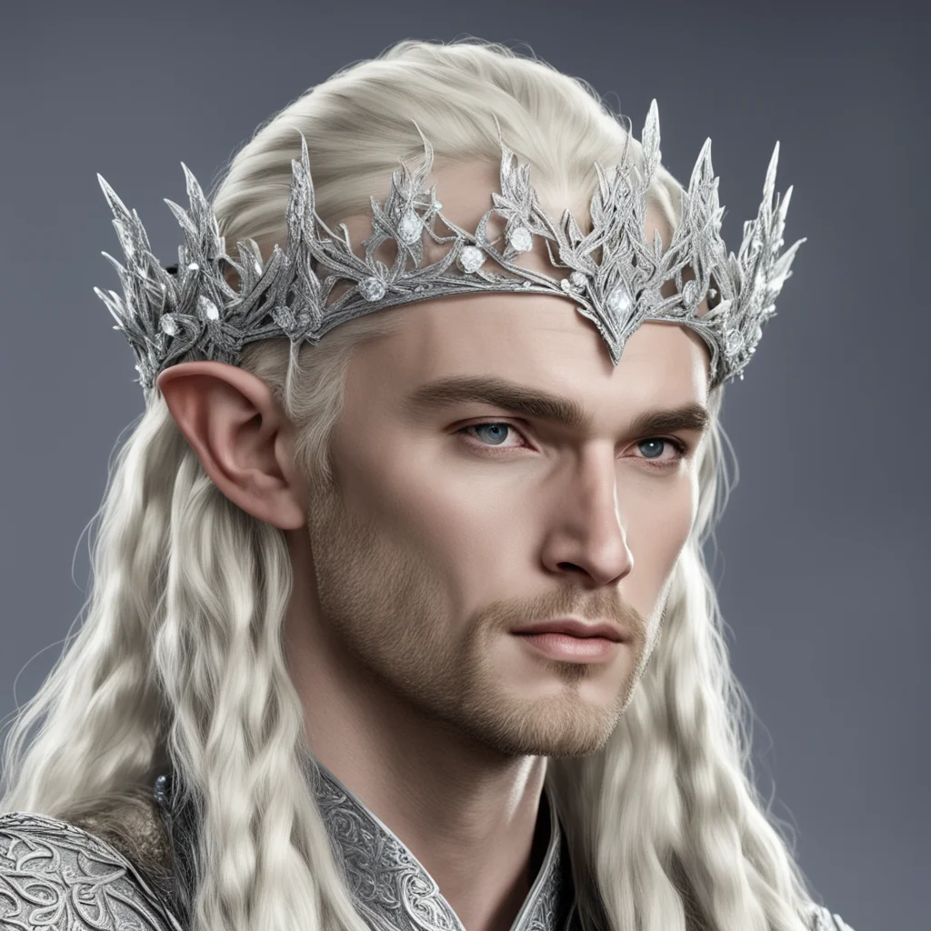 aiking thranduil with blond hair and braids wearing silver holly leaves encrusted with diamonds and large round diamond clusters to form a small silver elvish circlet with large center diamond