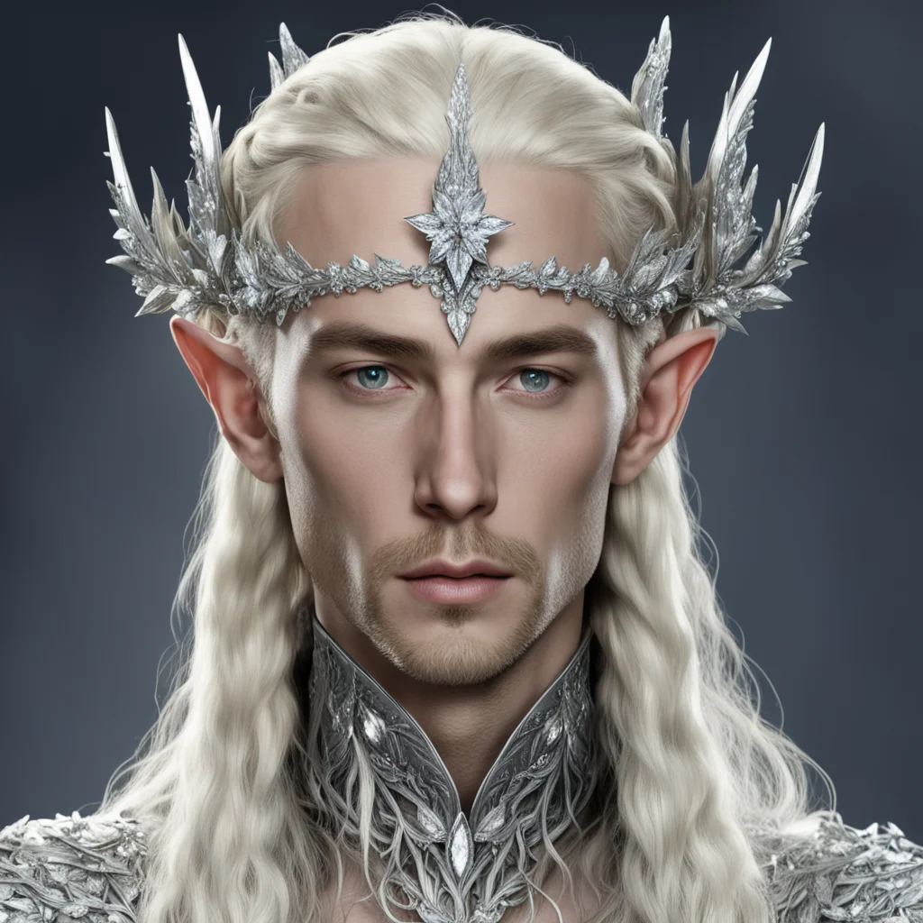 king thranduil with blond hair and braids wearing silver holly leaves encrusted with diamonds and large round diamond clusters to form a small silver elvish coronet with large center diamond confide