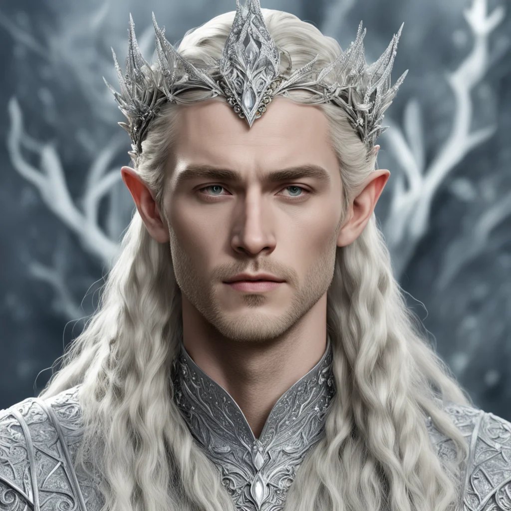 aiking thranduil with blond hair and braids wearing silver holly leaves encrusted with diamonds and large round diamond clusters to form a small silver elvish coronet with large center diamond