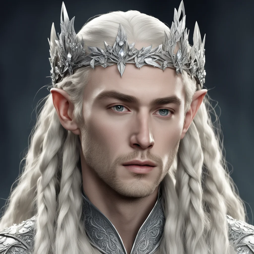 aiking thranduil with blond hair and braids wearing silver holly leaves encrusted with diamonds with cluster of large diamonds forming a silver elvish circlet with large center diamond 