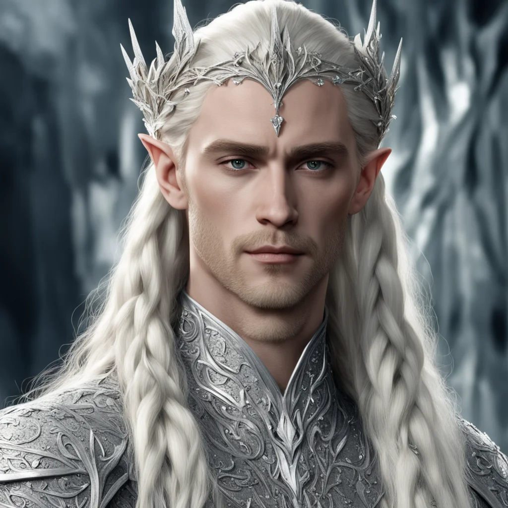 king thranduil with blond hair and braids wearing silver holly leaves encrusted with diamonds with cluster of large diamonds forming a silver elvish circlet with large center diamond