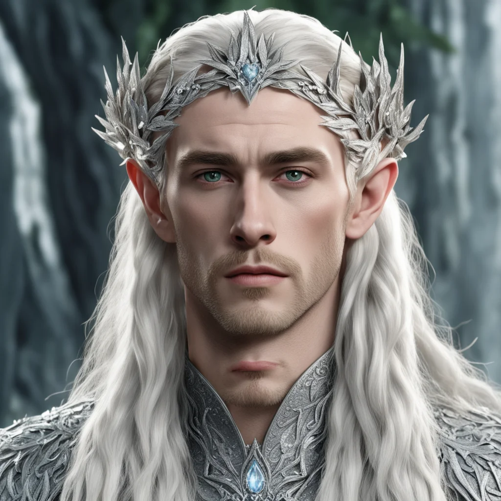 king thranduil with blond hair and braids wearing silver holly leaves encrusted with diamonds with clusters of diamonds forming a silver elvish circlet with large center diamond confident engaging w