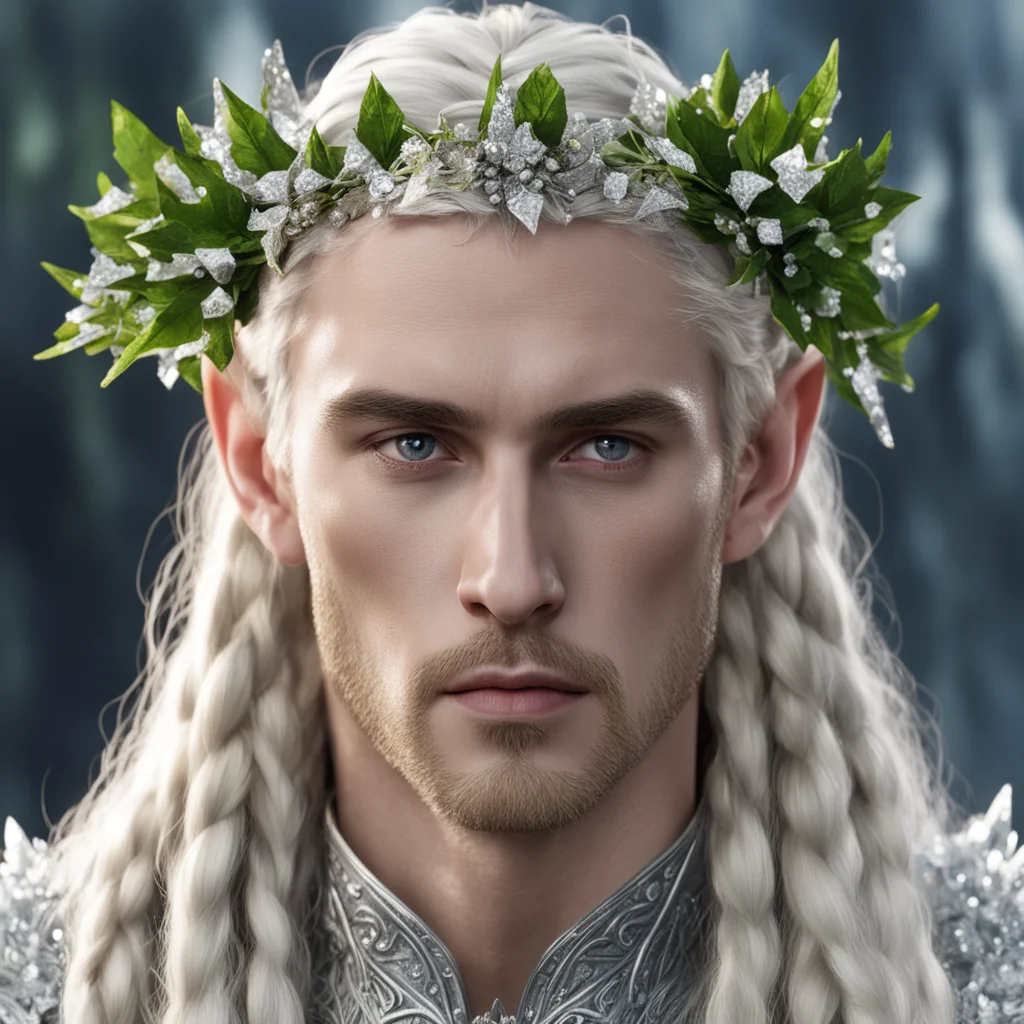 king thranduil with blond hair and braids wearing silver holly leaves encrusted with diamonds with clusters of diamonds to form a wreath on the head