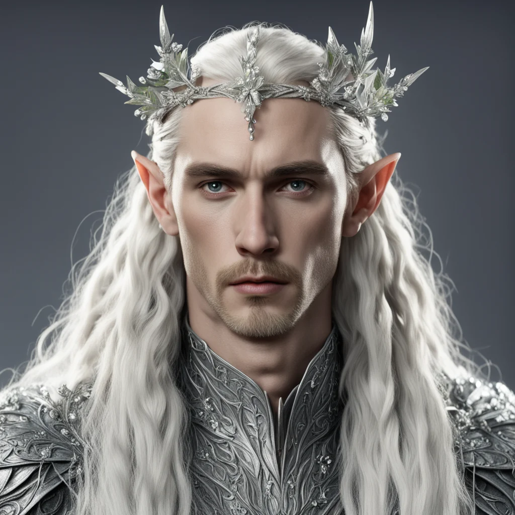 aiking thranduil with blond hair and braids wearing silver holly leaves encrusted with diamonds with clusters of large diamonds to form silver elvish hair forks amazing awesome portrait 2