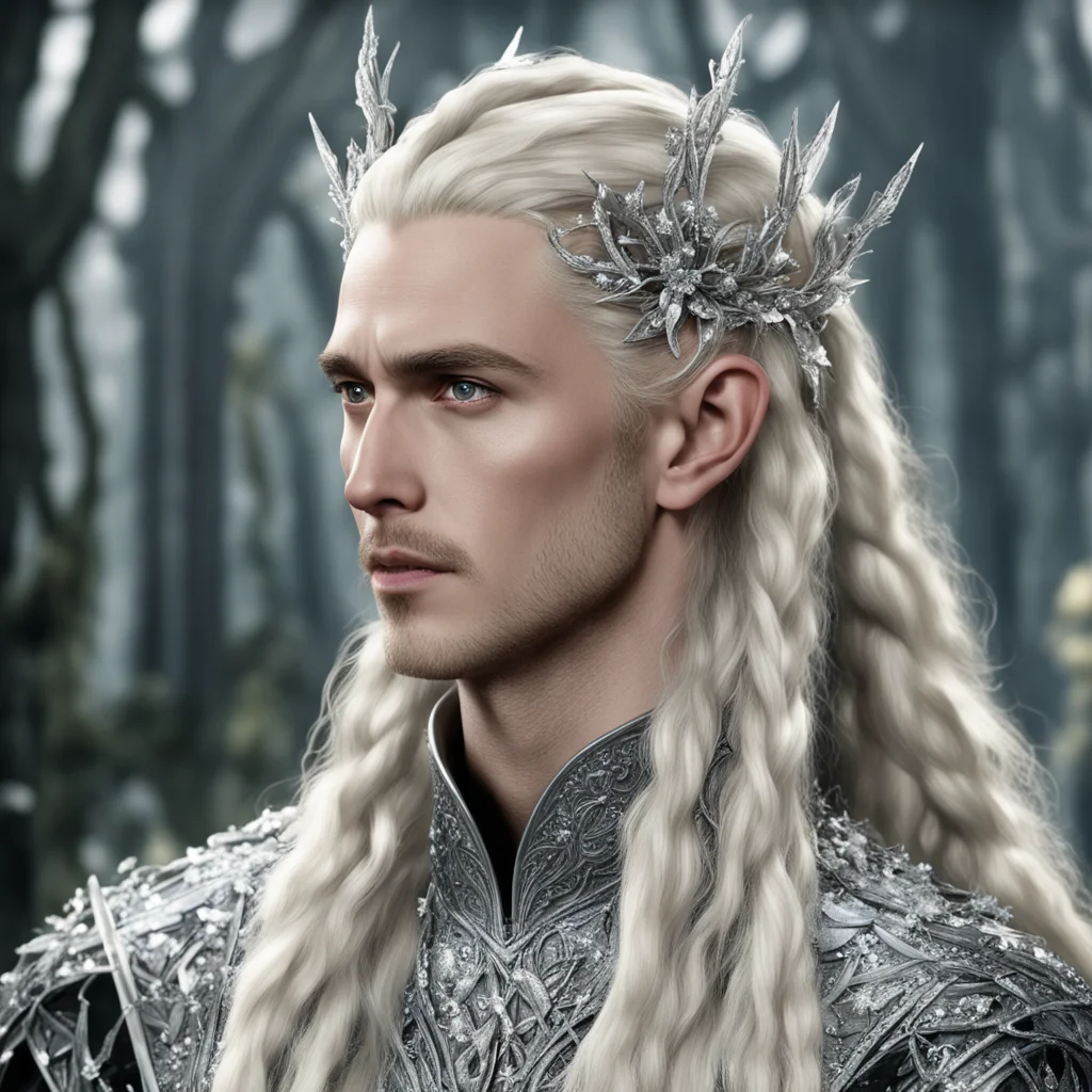 aiking thranduil with blond hair and braids wearing silver holly leaves encrusted with diamonds with clusters of large diamonds to form silver elvish hair forks good looking trending fantastic 1