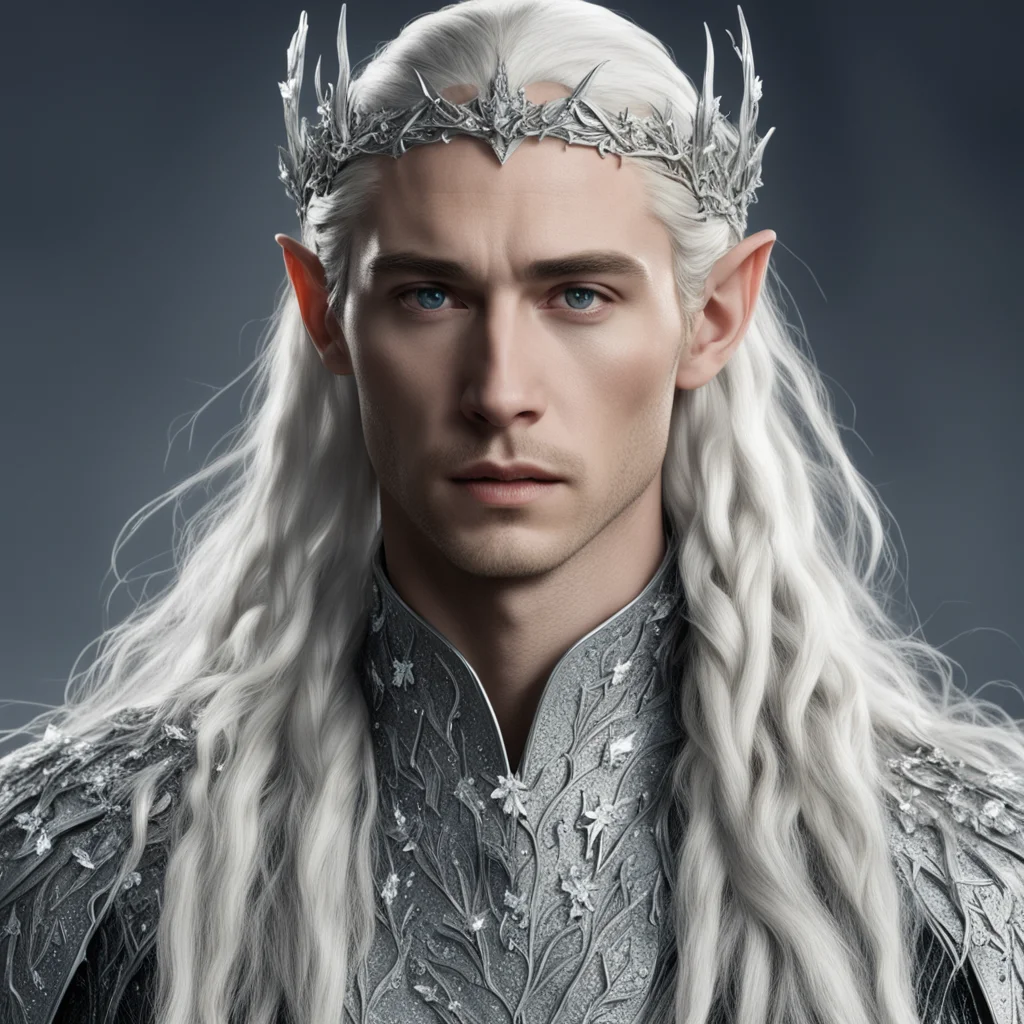 king thranduil with blond hair and braids wearing silver holly leaves encrusted with diamonds with clusters of large diamonds to form silver elvish hair forks