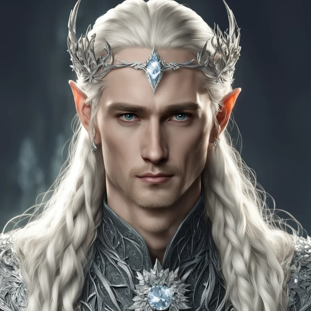 king thranduil with blond hair and braids wearing silver holly leaves encrusted with diamonds with diamond clusters to form silver elvish coroner with large center diamond confident engaging wow art