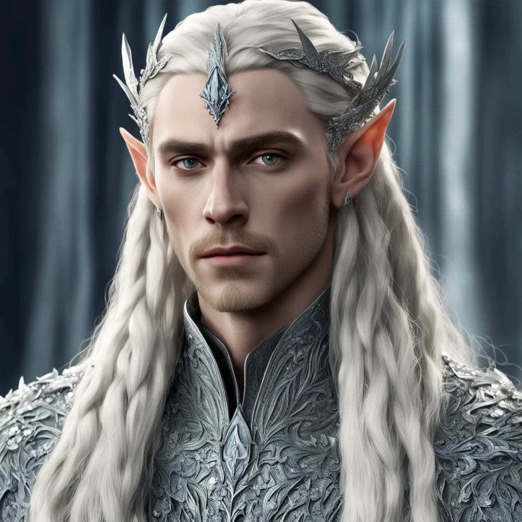 king thranduil with blond hair and braids wearing silver holly leaves encrusted with diamonds with diamond clusters to form silver elvish coroner with large center diamond good looking trending fant