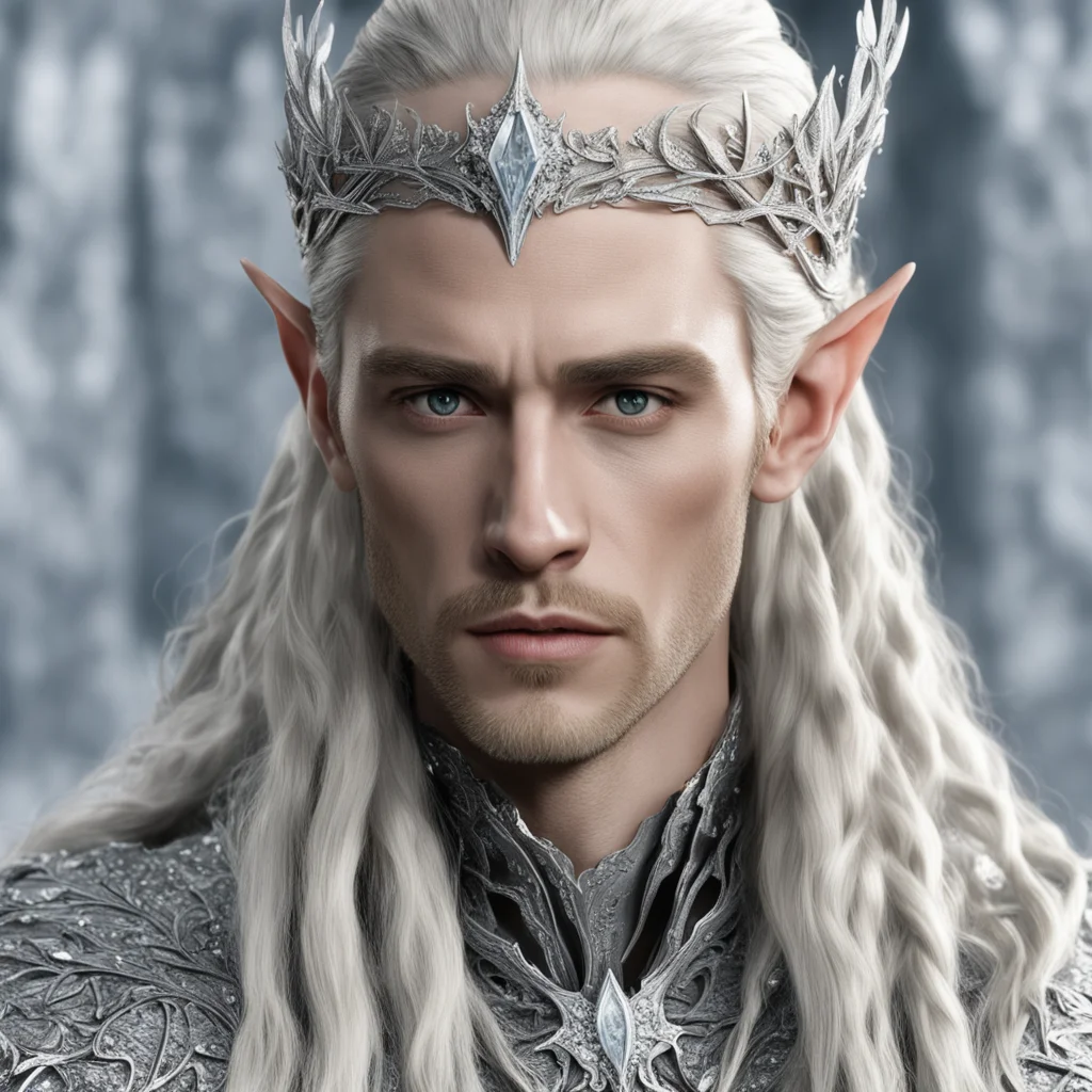 aiking thranduil with blond hair and braids wearing silver holly leaves encrusted with diamonds with diamond clusters to form silver elvish coroner with large center diamond