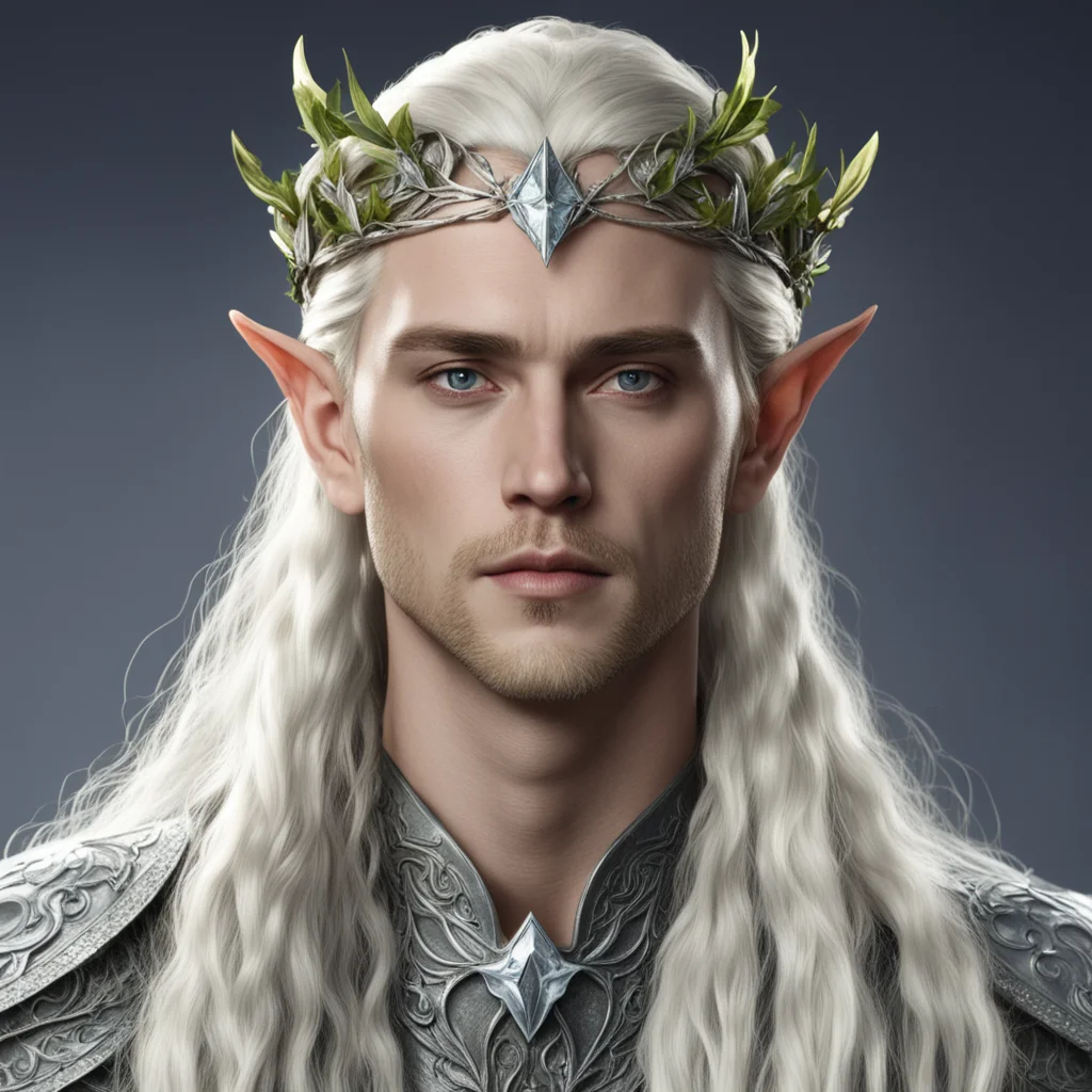 aiking thranduil with blond hair and braids wearing silver holly vine elvish circlet with large diamond clusters confident engaging wow artstation art 3