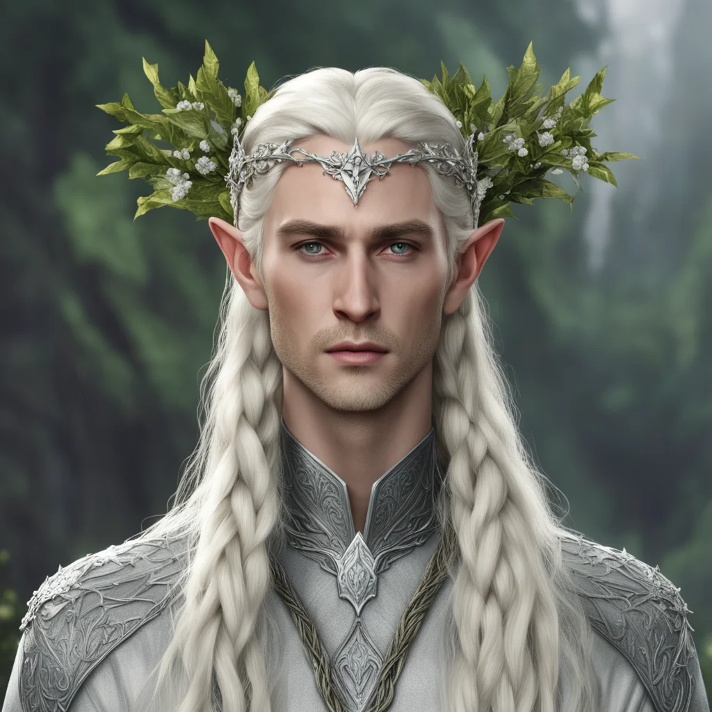 king thranduil with blond hair and braids wearing silver holly vine elvish circlet with large diamond clusters