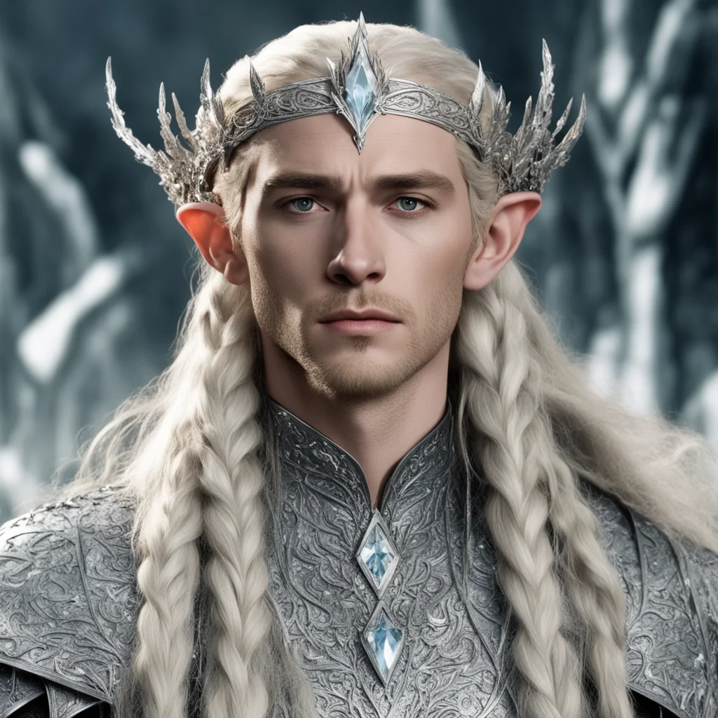aiking thranduil with blond hair and braids wearing silver ivy circlet encrusted with diamonds and large diamond clusters with large center diamond amazing awesome portrait 2
