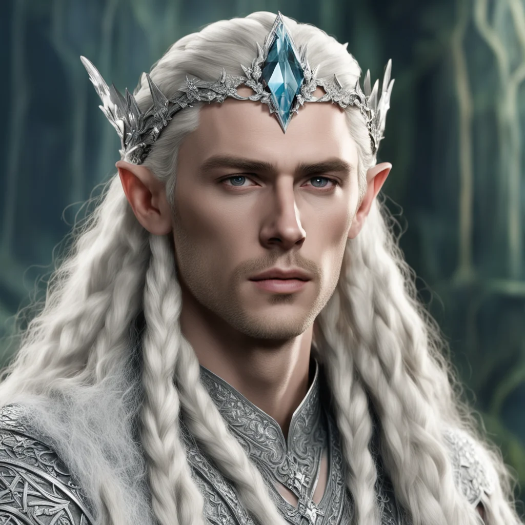 king thranduil with blond hair and braids wearing silver ivy circlet encrusted with diamonds and large diamond clusters with large center diamond confident engaging wow artstation art 3