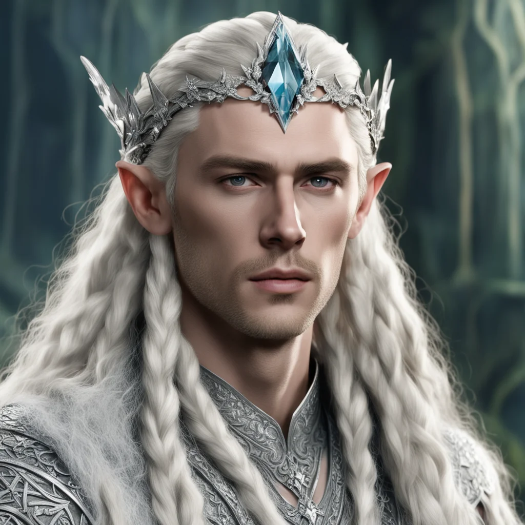aiking thranduil with blond hair and braids wearing silver ivy circlet encrusted with diamonds and large diamond clusters with large center diamond confident engaging wow artstation art 3