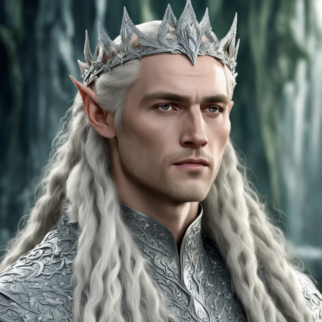aiking thranduil with blond hair and braids wearing silver ivy circlet encrusted with diamonds and large diamond clusters with large center diamond
