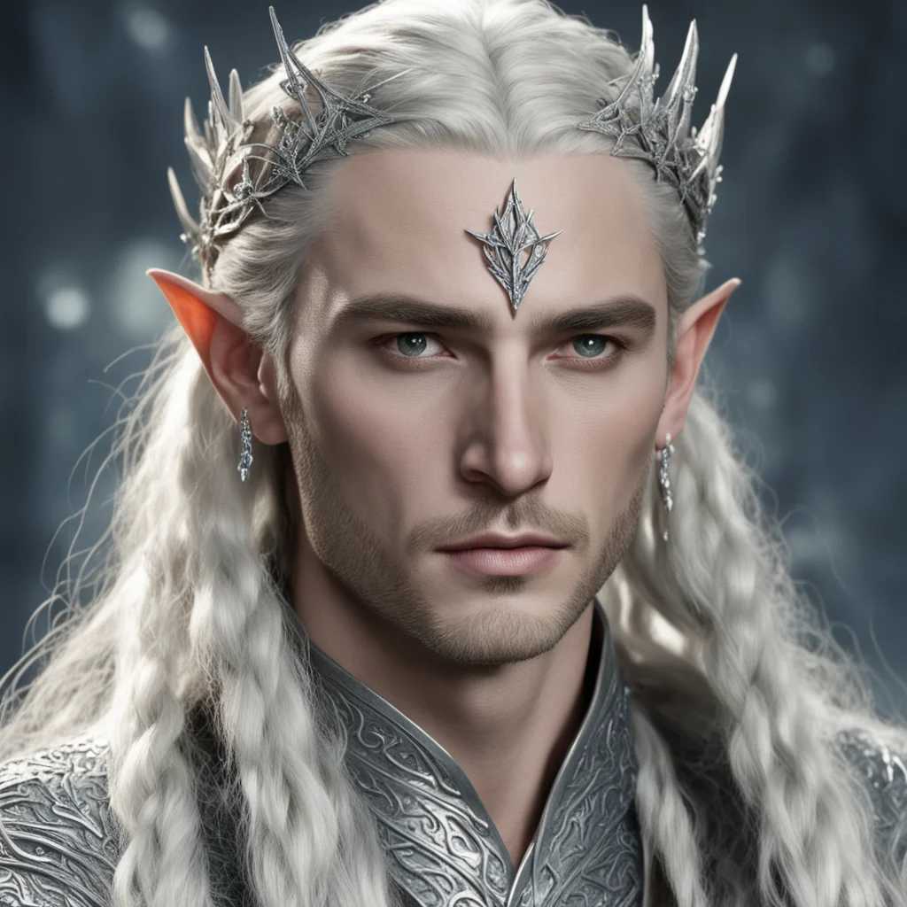 king thranduil with blond hair and braids wearing silver ivy encrusted with diamonds to form a silver elvish cirlcet with large diamond in the center of the circlet amazing awesome portrait 2