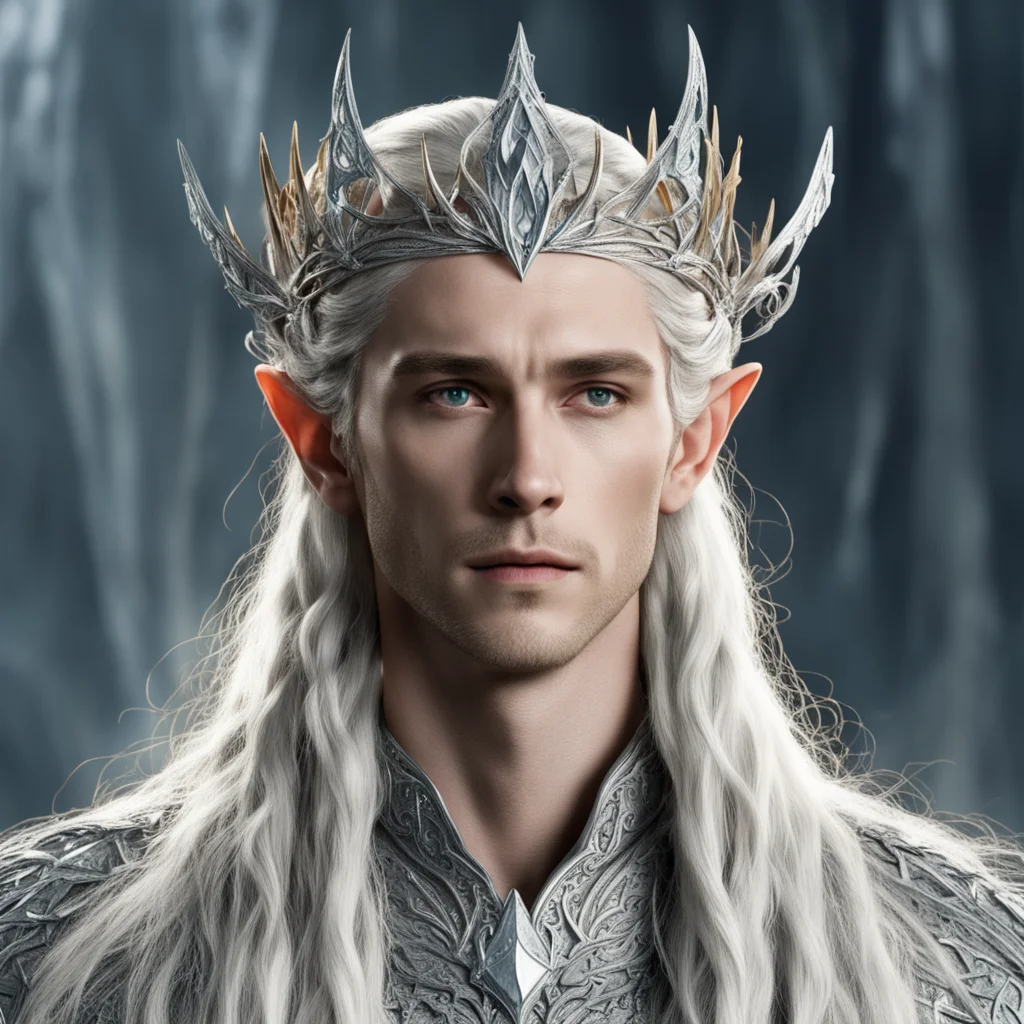 king thranduil with blond hair and braids wearing silver ivy encrusted with diamonds to form a silver elvish cirlcet with large diamond in the center of the circlet good looking trending fantastic 1