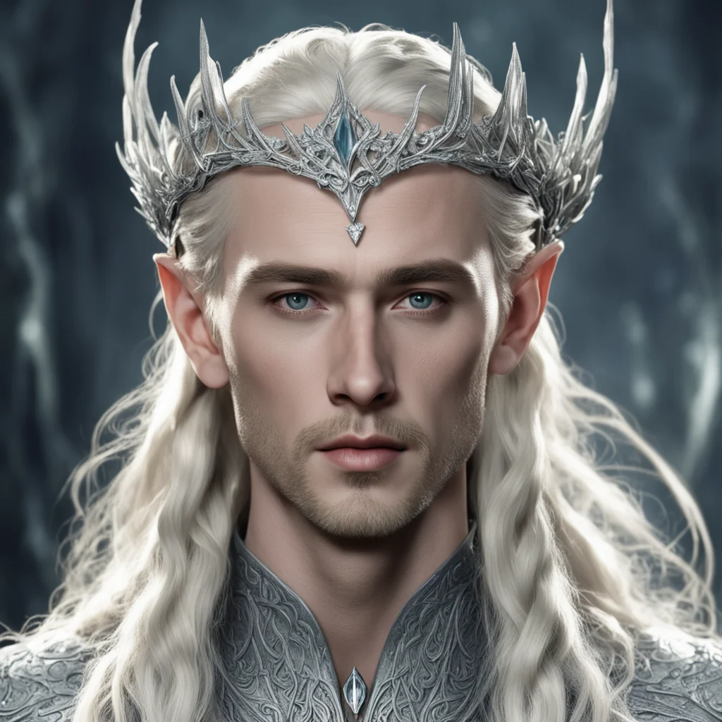 king thranduil with blond hair and braids wearing silver ivy encrusted with diamonds to form a silver elvish cirlcet with large diamond in the center of the circlet