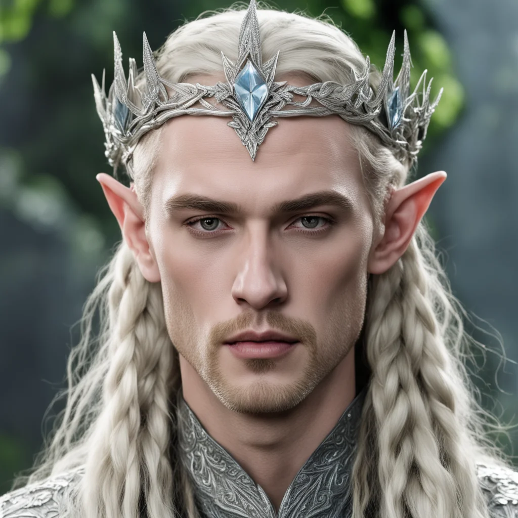 aiking thranduil with blond hair and braids wearing silver ivy leaf elvish circlet encrusted with diamonds with large center diamond amazing awesome portrait 2