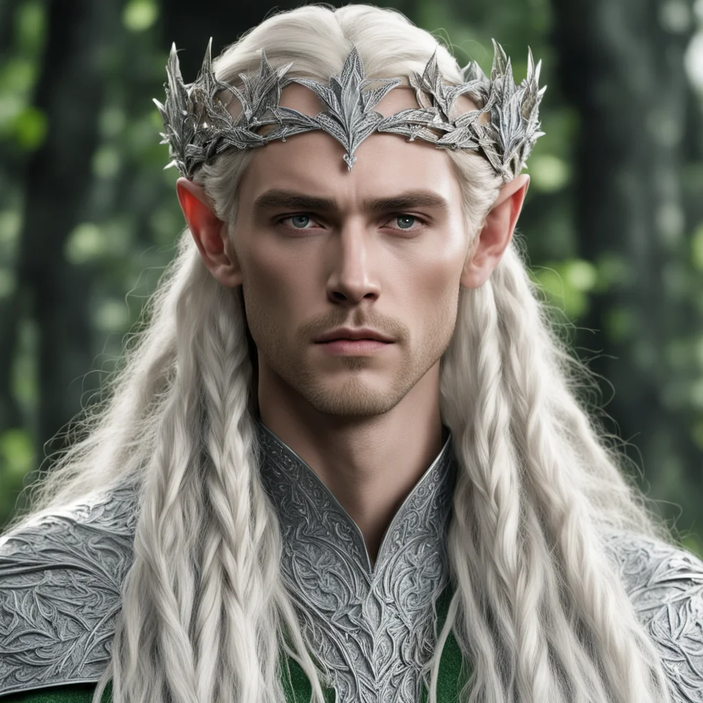king thranduil with blond hair and braids wearing silver ivy leaf elvish circlet encrusted with diamonds with large center diamond confident engaging wow artstation art 3