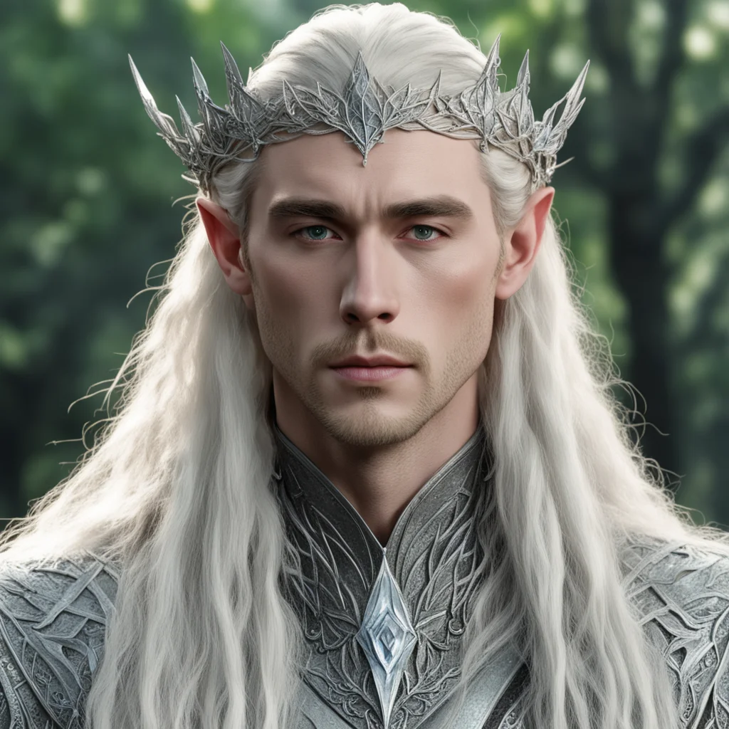 aiking thranduil with blond hair and braids wearing silver ivy leaf elvish circlet encrusted with diamonds with large center diamond good looking trending fantastic 1