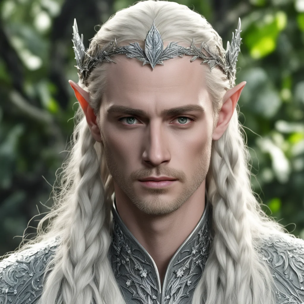 aiking thranduil with blond hair and braids wearing silver ivy leaf elvish circlet encrusted with diamonds with large center diamond