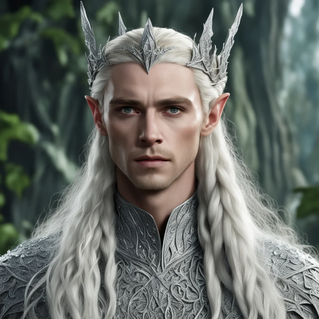 aiking thranduil with blond hair and braids wearing silver ivy leaves silver elvish circlet encrusted with diamonds and large center diamond amazing awesome portrait 2